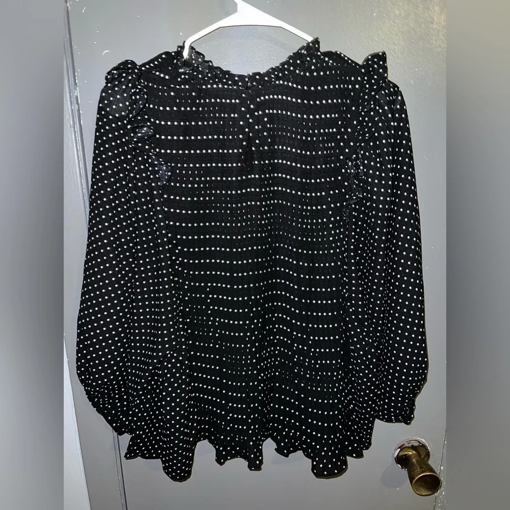 MUSTARD seed size medium black with white dots pleated shirt with ruffles. - Picture 2 of 6